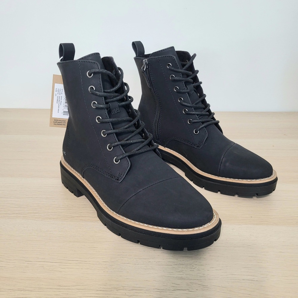 Toms Alaya Lace Up Lug Boots Black Faux Leather Combat Side Zip Memory Foam 8.5